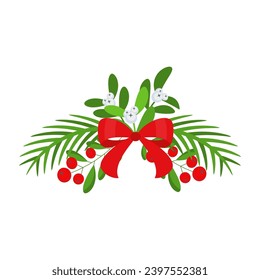 Christmas wreath design element. Spruce evergreen branch, poinsettia, holly berry. Red bows, gift boxes and candy. Winter holiday decoration for greeting cards. Flat cartoon vector icon.