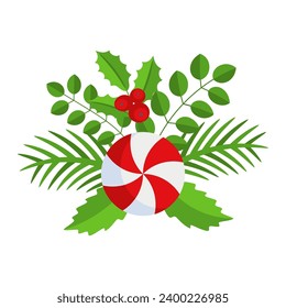 Christmas wreath design element. Spruce evergreen branch, poinsettia. Holly berry and lollipop. Winter holiday decoration for greeting cards. Flat cartoon vector icon.