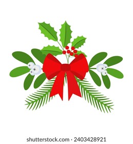 Christmas wreath design element. Spruce evergreen branch, poinsettia, holly berry. Red bows, gift boxes and candy. Winter holiday decoration for greeting cards. Flat cartoon vector icon.