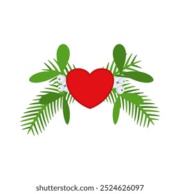 Christmas wreath design element. Spruce evergreen branch, poinsettia and holly berry. Red bows, gift boxes and heart. Winter holiday decoration for greeting cards. Flat cartoon vector icon.