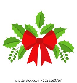 Christmas wreath design element. Spruce evergreen branch, poinsettia, holly berry. Red bows, gift boxes and candy. Winter holiday decoration for greeting cards. Flat cartoon vector icon.