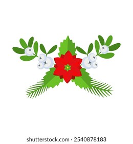 Christmas wreath design element. Spruce evergreen branch, poinsettia and holly berry. Winter holiday decoration for greeting cards. Flat cartoon vector icon.