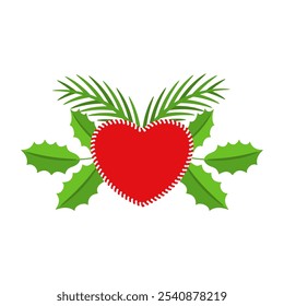 Christmas wreath design element. Spruce evergreen branch, poinsettia and holly berry. Red bows, gift boxes and heart. Winter holiday decoration for greeting cards. Flat cartoon vector icon.