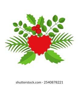 Elemento de diseño de corona de Navidades. Rama de abeto perenne, flor de Pascua y acebo. Lazos rojos, cajas de regalo y corazón. Decoración de vacaciones de invierno para tarjetas de felicitación. Icono de Vector de dibujos animados plano.