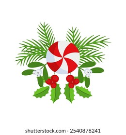 Christmas wreath design element. Spruce evergreen branch, poinsettia. Holly berry and lollipop. Winter holiday decoration for greeting cards. Flat cartoon vector icon.