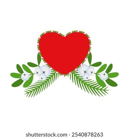 Weihnachtskranz Design Element. Fichte immergrünen Zweig, Poinsettia und Heilige Beere. Rote Schleifen, Geschenkboxen und Herz. Winterferiendekoration für Grußkarten. Flaches Cartoon-Vektorsymbol.
