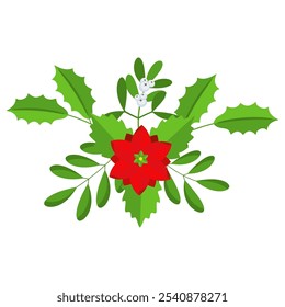 Elemento de design de grinalda de Natal. Spruce ramo evergreen, poinsettia e holly berry. Decoração de férias de inverno para cartões de felicitações. Ícone de vetor de desenho animado plano.