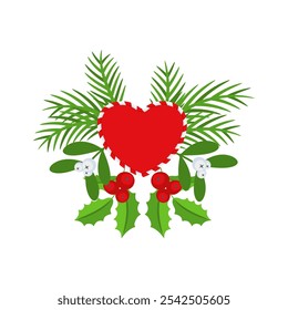 Elemento de design de grinalda de Natal. Spruce ramo evergreen, poinsettia e holly berry. Arcos vermelhos, caixas de presente e coração. Decoração de férias de inverno para cartões de felicitações. Ícone de vetor de desenho animado plano.