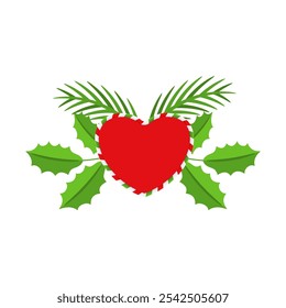 Christmas wreath design element. Spruce evergreen branch, poinsettia and holly berry. Red bows, gift boxes and heart. Winter holiday decoration for greeting cards. Flat cartoon vector icon.