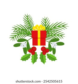 Christmas wreath design element. Spruce evergreen branch, poinsettia and holly berry. Gift box. Winter holiday decoration for greeting cards. Flat cartoon vector icon.