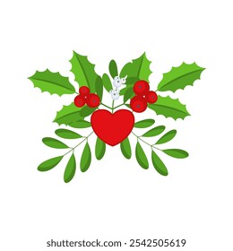 Christmas wreath design element. Spruce evergreen branch, poinsettia and holly berry. Red bows, gift boxes and heart. Winter holiday decoration for greeting cards. Flat cartoon vector icon.