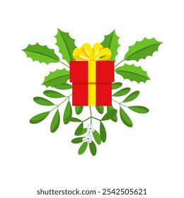 Christmas wreath design element. Spruce evergreen branch, poinsettia and holly berry. Gift box. Winter holiday decoration for greeting cards. Flat cartoon vector icon.