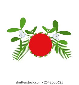 Christmas wreath design element. Spruce evergreen branch, poinsettia and holly berry. Red bows, gift boxes and candy. Winter holiday decoration for greeting cards. Flat cartoon vector icon.