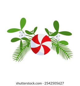 Christmas wreath design element. Spruce evergreen branch, poinsettia. Holly berry and lollipop. Winter holiday decoration for greeting cards. Flat cartoon vector icon.
