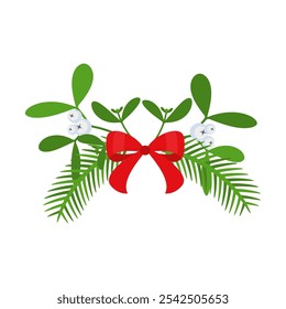 Christmas wreath design element. Spruce evergreen branch, poinsettia, holly berry. Red bows, gift boxes and candy. Winter holiday decoration for greeting cards. Flat cartoon vector icon.