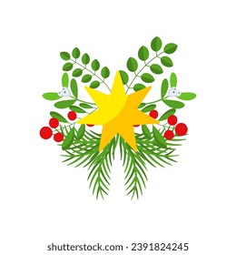 Christmas wreath design element with yellow star. Spruce evergreen branch, poinsettia and holly berry. Winter holiday decoration for greeting cards. Flat cartoon vector icon.