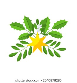 Christmas wreath design element with yellow star. Spruce evergreen branch, poinsettia and holly berry. Winter holiday decoration for greeting cards. Flat cartoon vector icon.