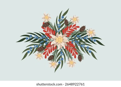 Christmas wreath design elements. Spruce evergreen branch, edelweiss flowers and pine cone. Winter holiday decoration for greeting cards.