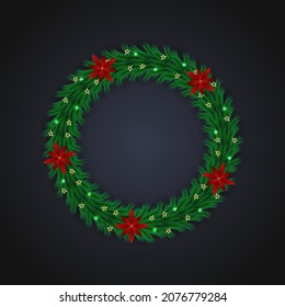 Christmas wreath design green leaf red flower golden star and lights