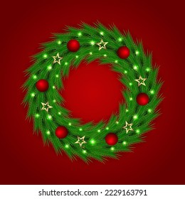 Christmas wreath design green leaf with red balls and golden stars red background