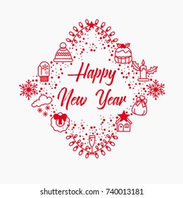 Christmas wreath design with thin line icons. Vector illustration of greeting card in line style. red icons on white background.