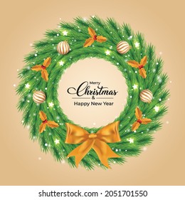 Christmas wreath design with white and golden decorative light balls. Green color wreath design with golden leaves and a ribbon. Christmas wreath design with calligraphy on a golden ​background