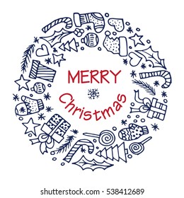Christmas wreath with different symbols. Isolated on white background