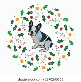 Christmas wreath with dog inside. Creative postcard with french bulldog. Many Christmas small icons with dog illustration in the circle. Card holiday elements, holly plant. Mistletoe Christmas card. 