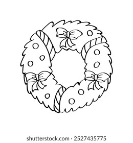 Christmas wreath doodle icon. Vector illustration of a festive decoration made of fir trees, branches, bows and toys.