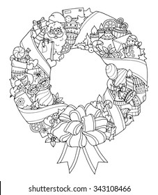 Christmas wreath. Doodle pattern with balloons, bells, sweets, Christmas socks, gifts, mittens, envelope, letter, tree, stars, candle, bird, snowman, ball, bow, heart and Santa Claus.