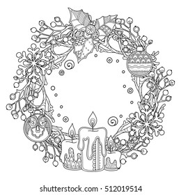 Christmas wreath in doodle style. Floral, ornate, decorative, tribal, decor, Christmas tree, candles. Black and white background. Zentangle coloring book page