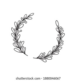 Christmas wreath in doodle style on white background. Xmas frame vector illustration. Holiday winter design. Vector illustration. Festive decorative symbol for greeting cards, invitations, prints.