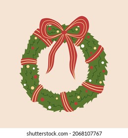 Christmas wreath doodle. Vector christmas wreath with striped ribbon and bow. Vector clipart for Christmas and New Year.