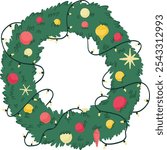 Christmas wreath. Christmas door wreath.Christmas tree decorations. Decorative element for holiday. Flat vector illustration isolated on white background.