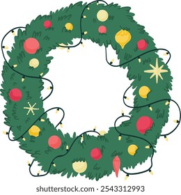 Christmas wreath. Christmas door wreath.Christmas tree decorations. Decorative element for holiday. Flat vector illustration isolated on white background.