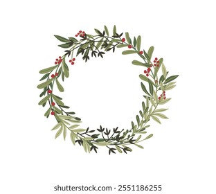 Christmas wreath drawn in flat style. Holidays, Christmas, Decorations. Hand drawn vector illustration.