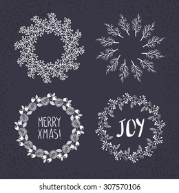 Christmas wreath drawn. Vector set. Elements page decoration, cards, banners on black blackboard