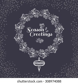 Christmas wreath drawn. Vector set. Elements page decoration, cards, banners on black blackboard