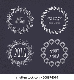 Christmas wreath drawn. Vector set. Elements page decoration, cards, banners on black blackboard