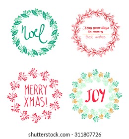 Christmas wreath drawn. Vector set. Elements page decoration, cards, banners on black blackboard