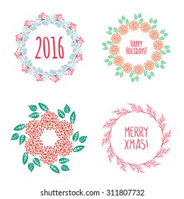 Christmas wreath drawn. Vector set. Elements page decoration, cards, banners on black blackboard