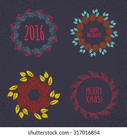 Christmas wreath drawn. Vector set. Elements page decoration, cards, banners on black blackboard