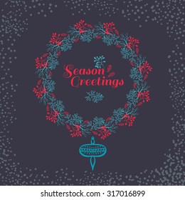 Christmas wreath drawn. Vector set. Elements page decoration, cards, banners on black blackboard