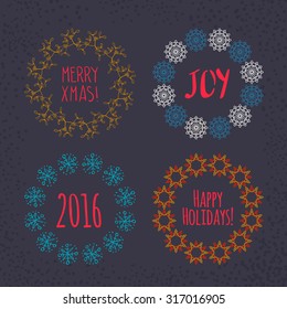 Christmas wreath drawn. Vector set. Elements page decoration, cards, banners on black blackboard