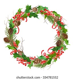 Christmas wreath of dry branches, holly, winter red berries, pine cones and red ribbons.