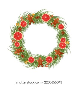 Christmas wreath.An element of New Year's design with grapefruit, gingerbread man,star anise, spruce.New Year's decor.Vector illustration.