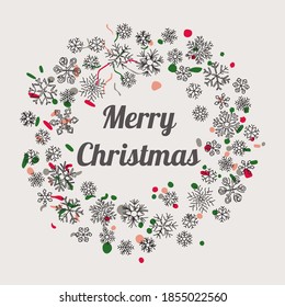 La corona de Navidad de elementos de copos de nieve de invierno. Diseño festivo para tarjetas de felicitación para el año nuevo.