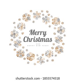 Christmas wreath from elements of winter snowflakes. Festive design for greeting cards for the new year.