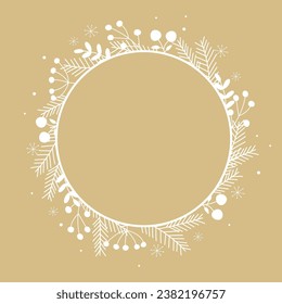 Christmas wreath. Empty ellipse and fir branches around borders with text space. Decorative Christmas element.