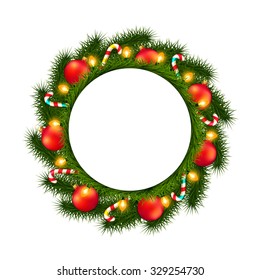 Christmas wreath with empty round frame isolated on white